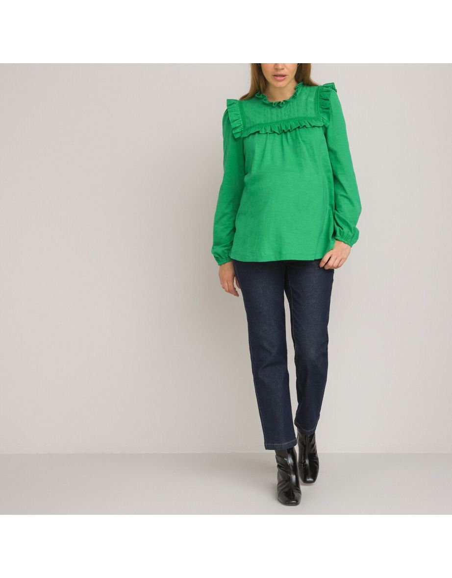 Cotton Ruffled Maternity T-Shirt with Long Puff Sleeves - 4
