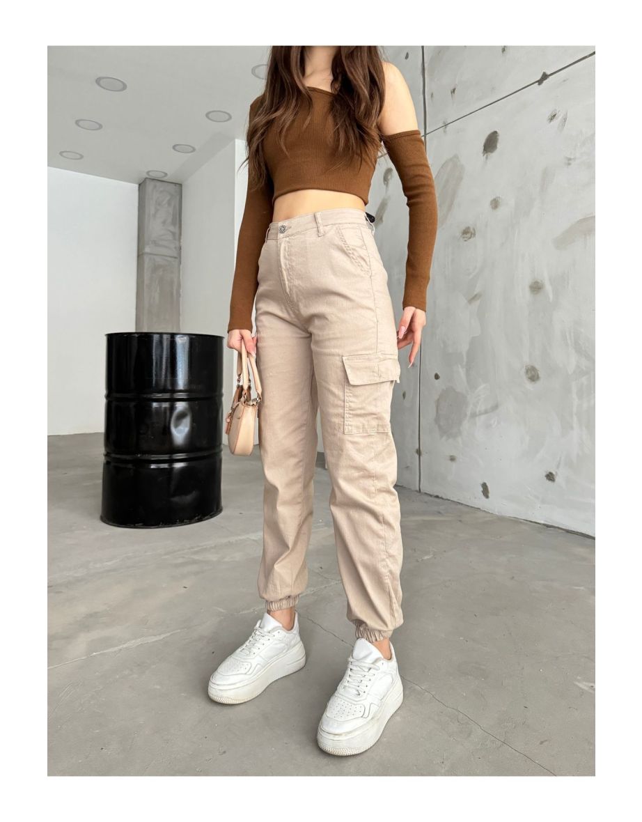 Beige Cargo Pocket Gabardine Trousers
