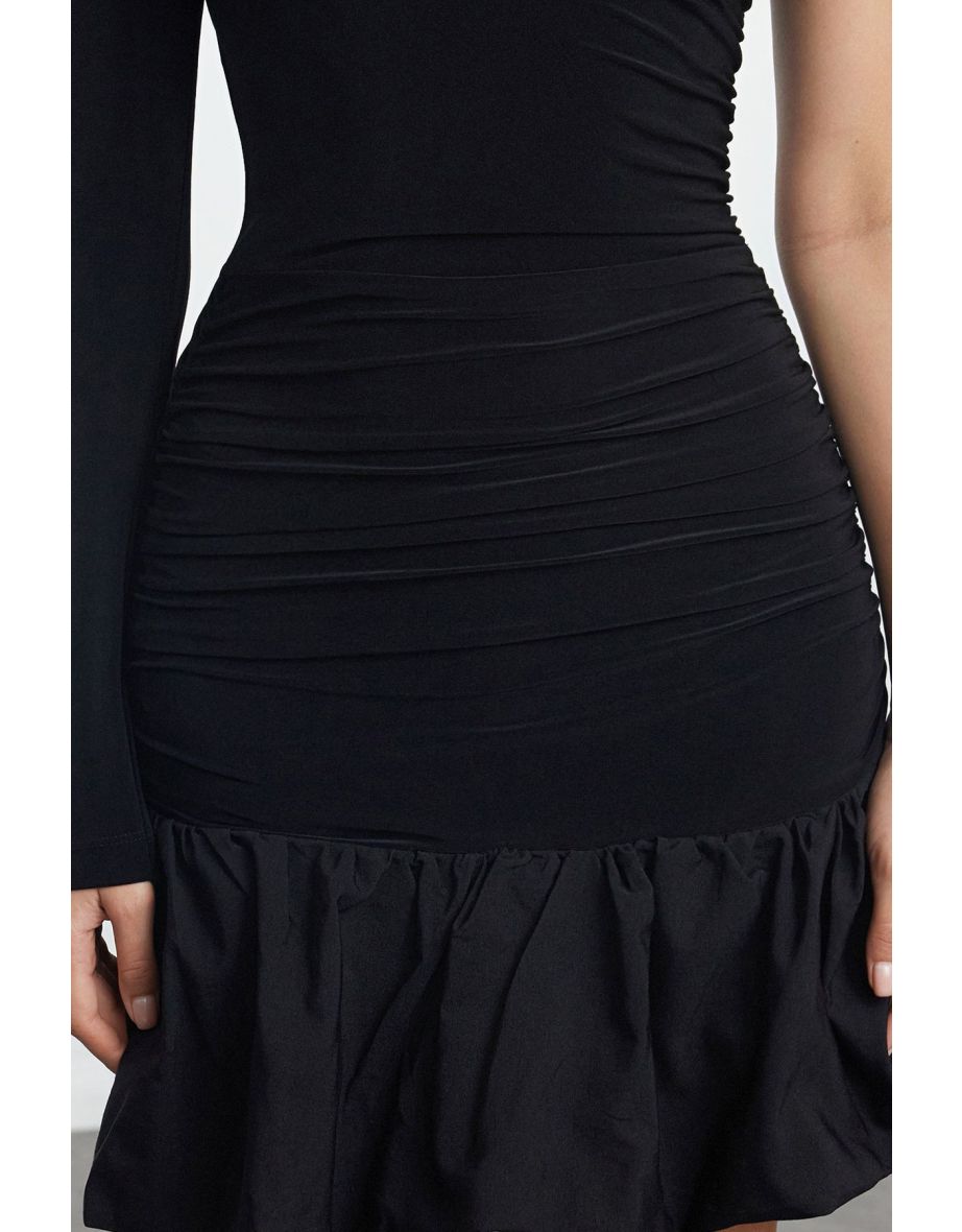 Black Single Sleeve Balloon Skirt Detailed Woven Short Elegant Evening Dress - 4