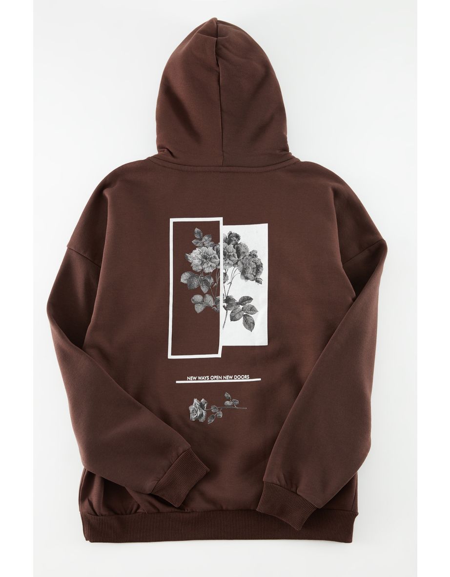 Brown Men's Oversize Hoodie Printed Sweatshirt with a Soft Pillow Inside and a Floral Print - 5