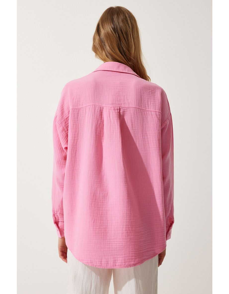 Women's Light Pink Pocket Oversize Muslin Shirt - 5