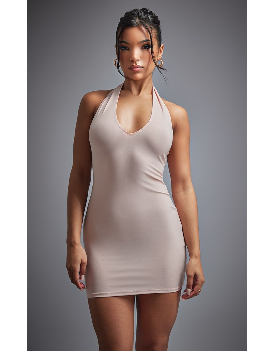 Nude Slinky Halter Neck Low Back Bodycon Dress
