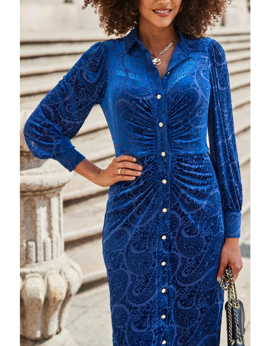 Sapphire Blue Velvet Paisley Devoré Shirt Dress - 4