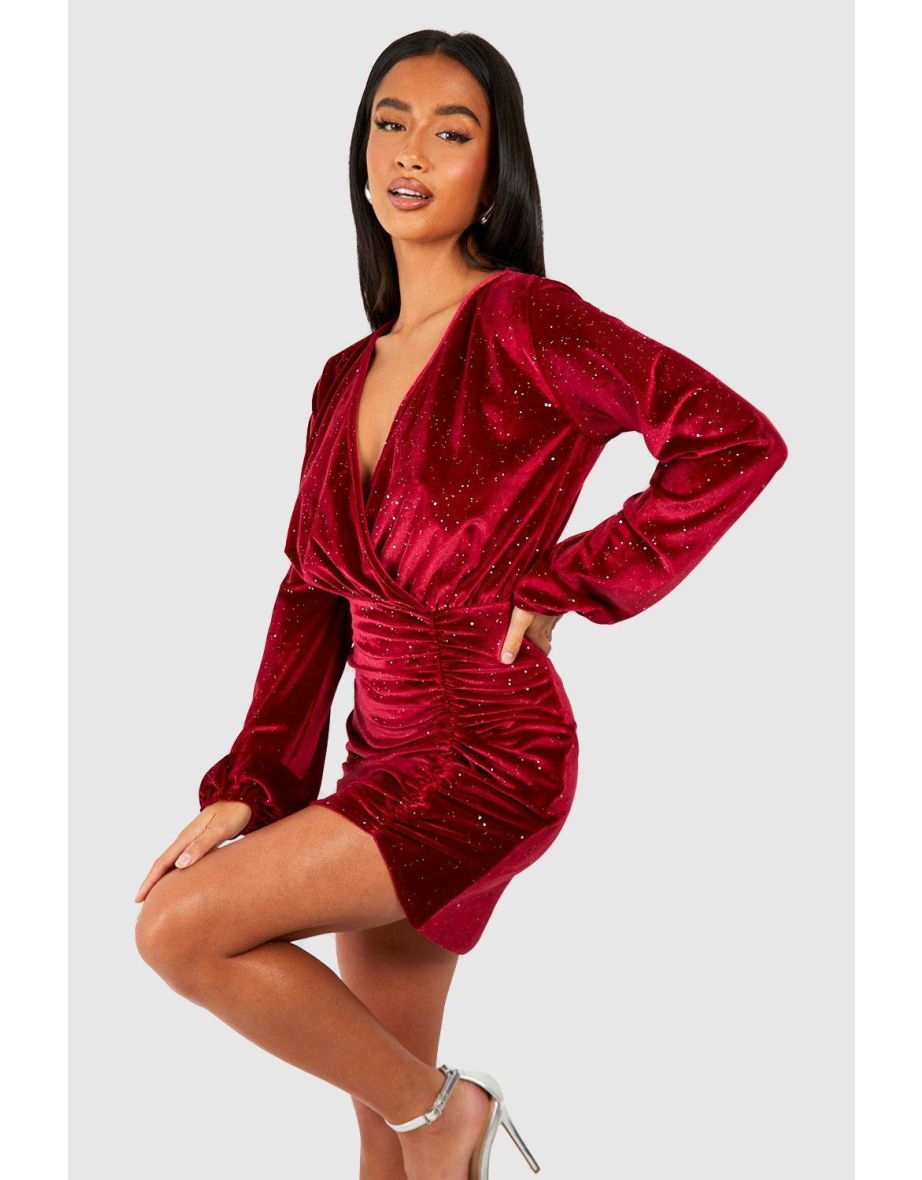 Petite Velvet Wrap Mini Dress - burgundy