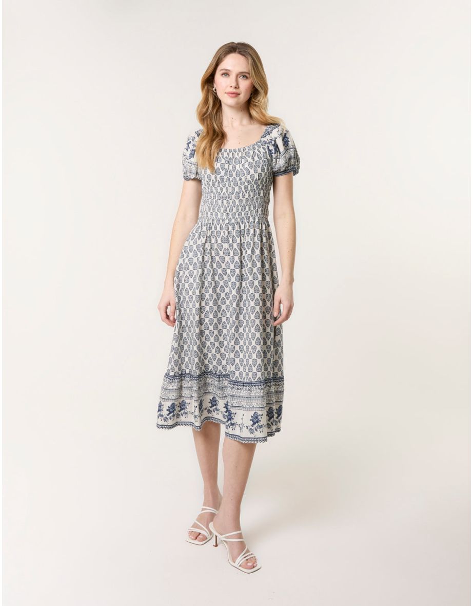 Border Print Puff Sleeve Midi Dress
