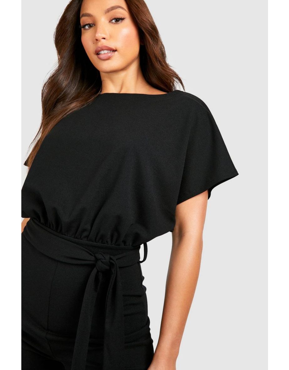 Tall Slash Neck Tie Waist Culotte Jumpsuit - black - 3