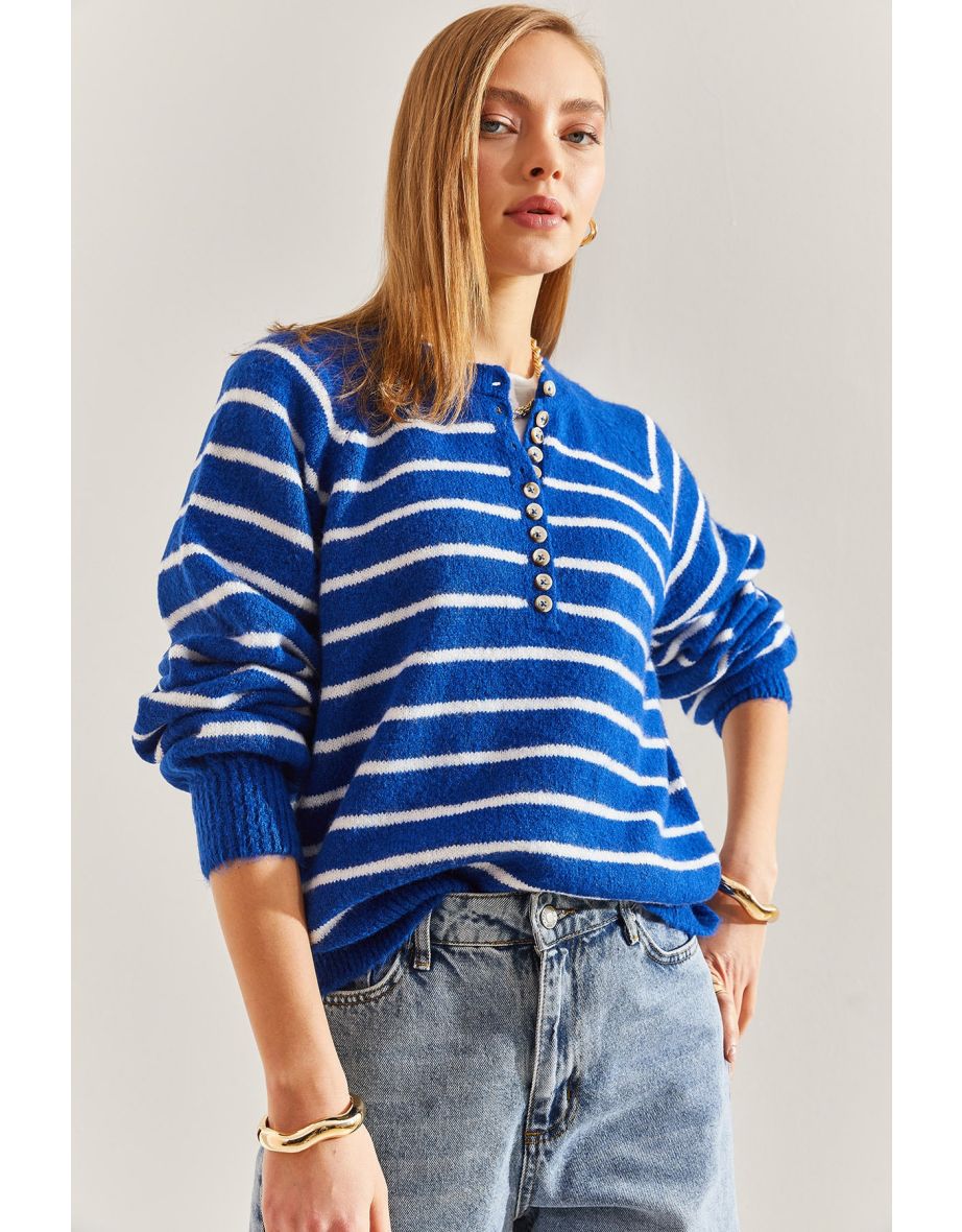 Women's Buttoned Collar Turtleneck Striped Knitwear Sweater