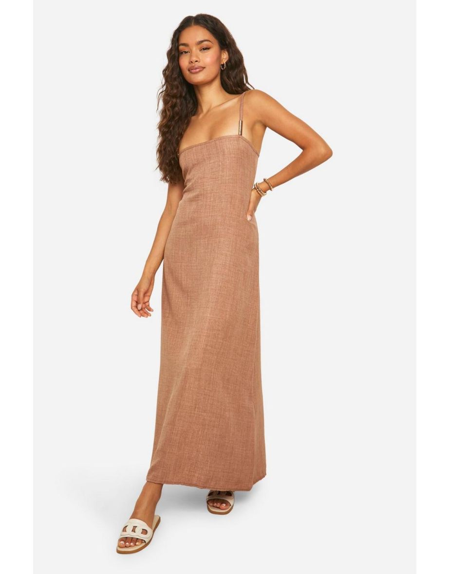 Linen Look Strappy Metal Trim Maxi Dress - mocha