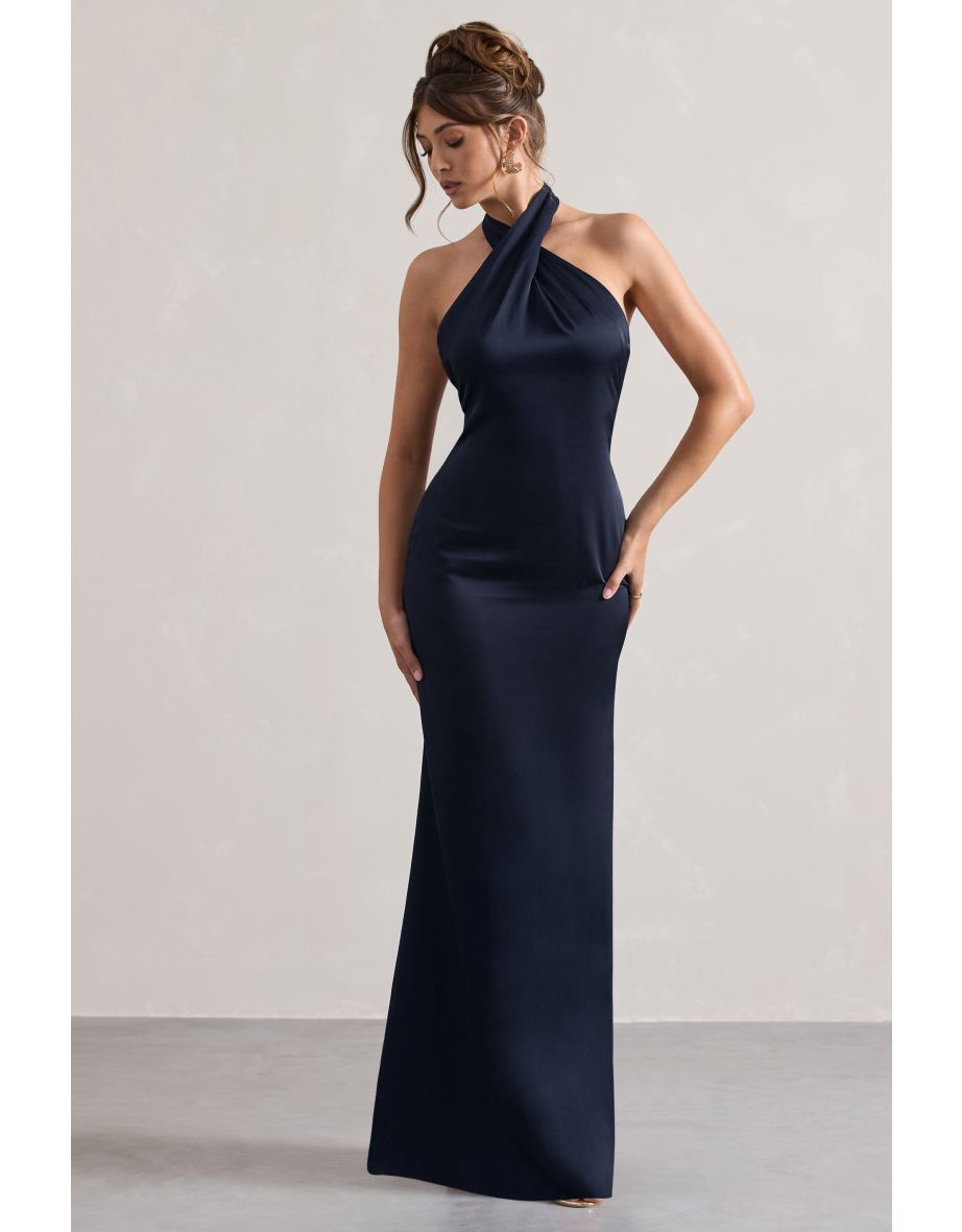 Unbeatable | Navy Satin Cross Over Halterneck Maxi Dress