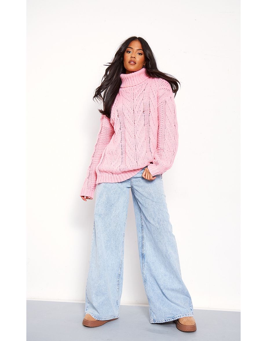 Shop Tall Baby Pink Chunky Cable Knit Turtle Neck Jumper Online in Oman VogaCloset