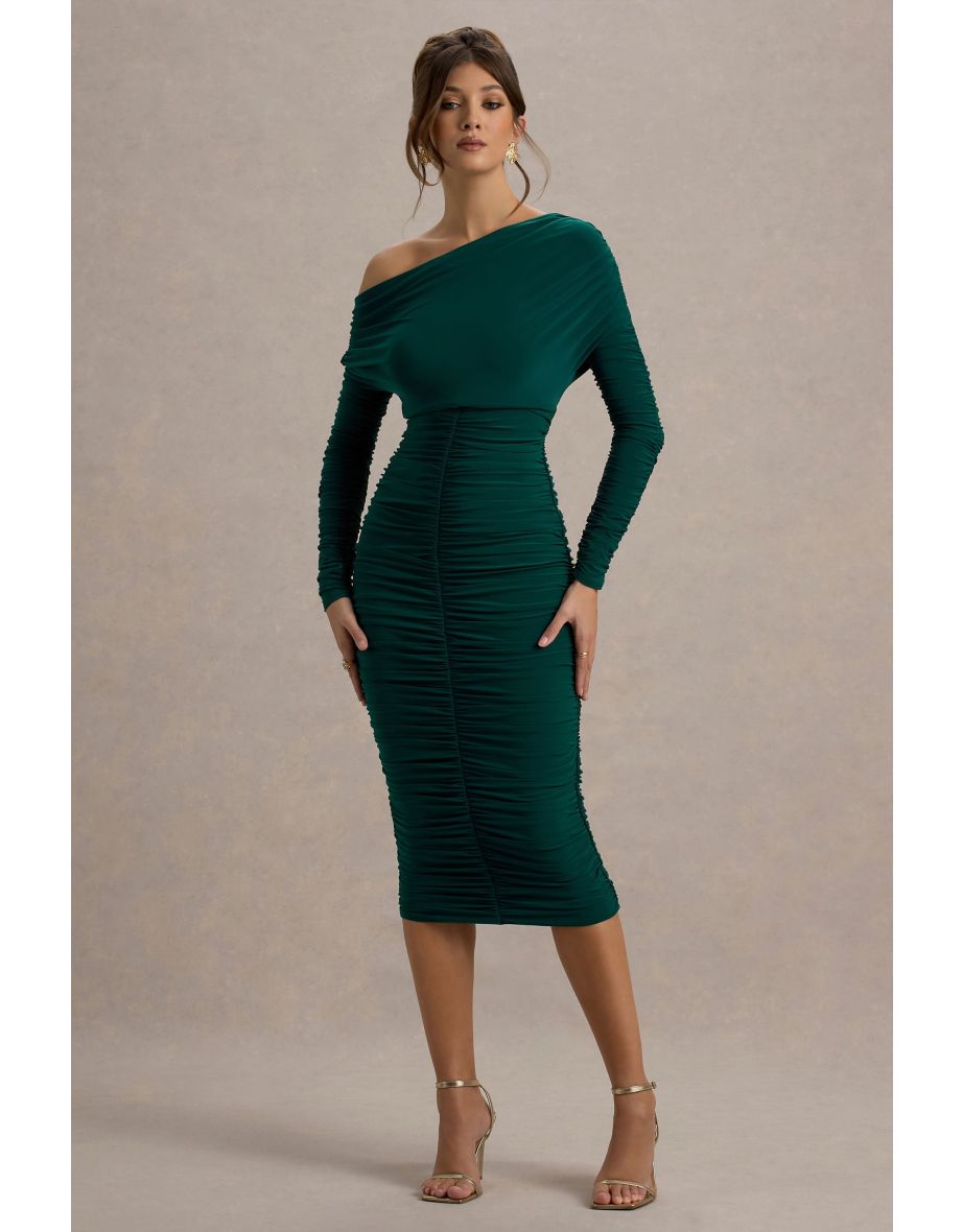 Sinclair | Bottle Green Ruched One-Shoulder Bodycon Midi Dress