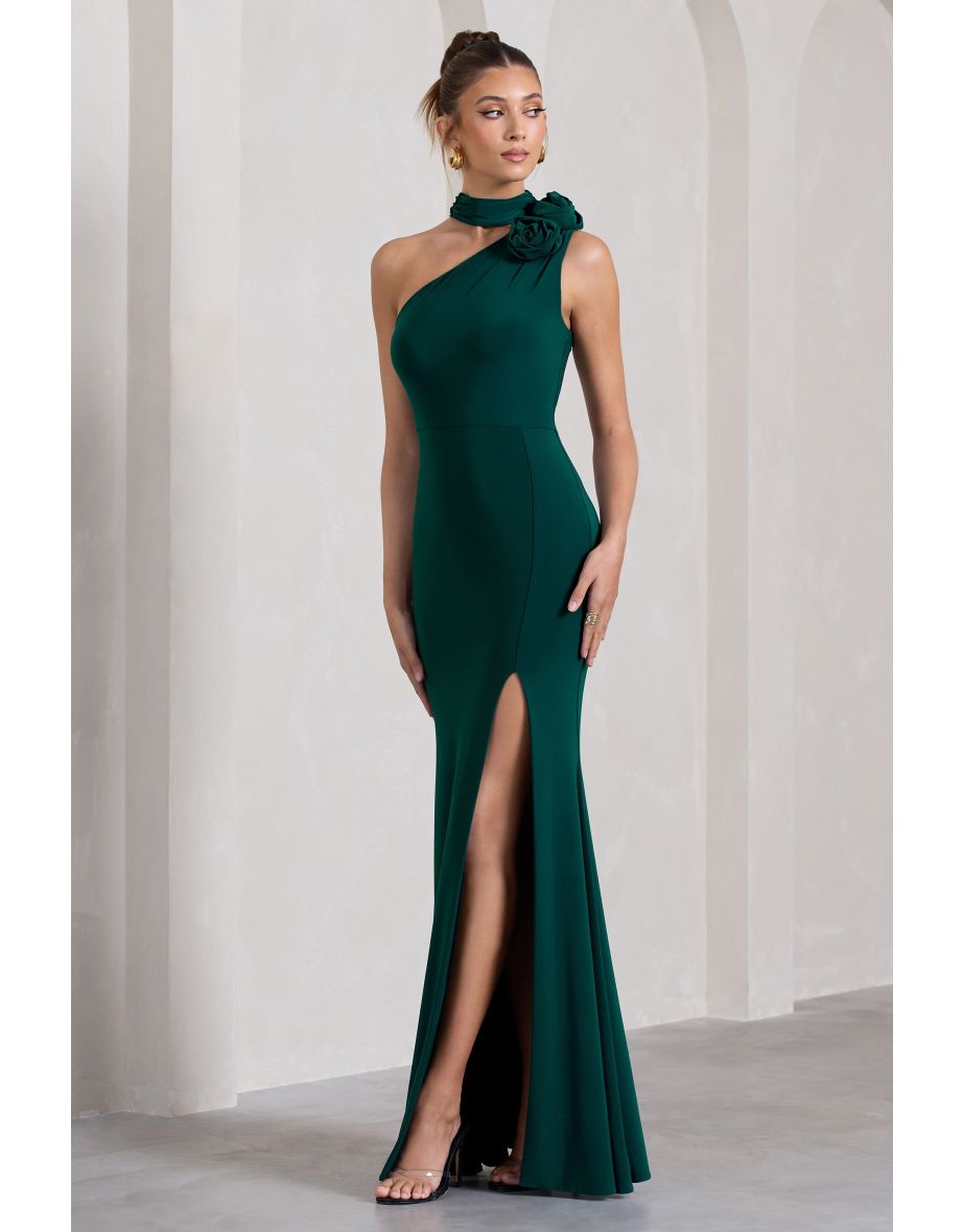Shop In Suspense Bottle Green Asymmetric Halter Neck Split Maxi Dress With Flower Online in Iraq VogaCloset