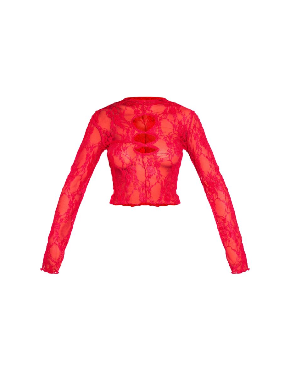 Red Lace Cut Out Long Sleeve Crop Top - 4