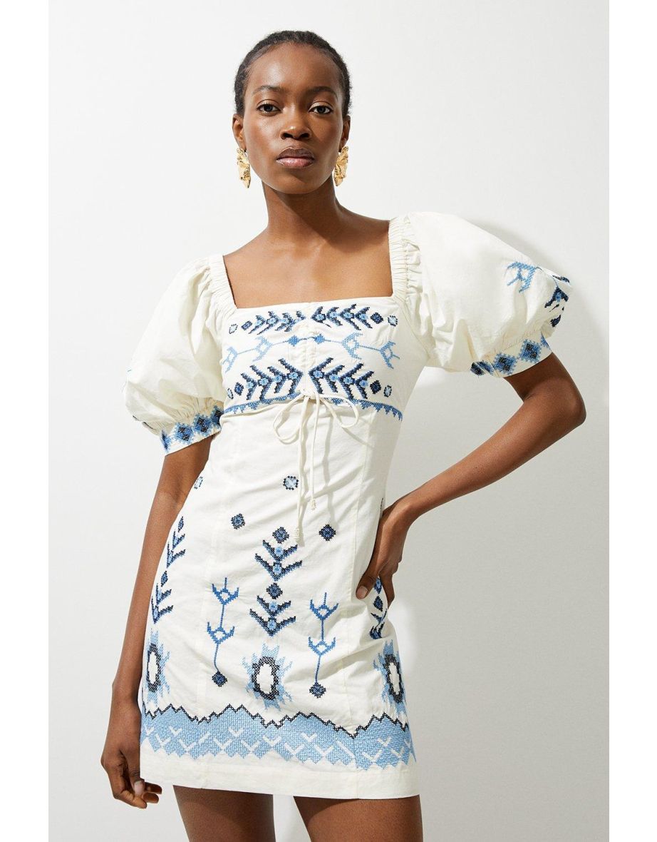 Shop Cotton Embroidered Puff Sleeve Woven Mini Dress Online in Bahrain VogaCloset