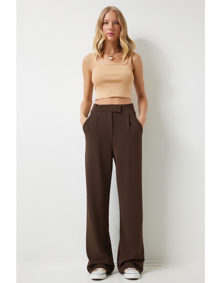 Women's Brown Velcro Waist Comfortable Woven Trousers