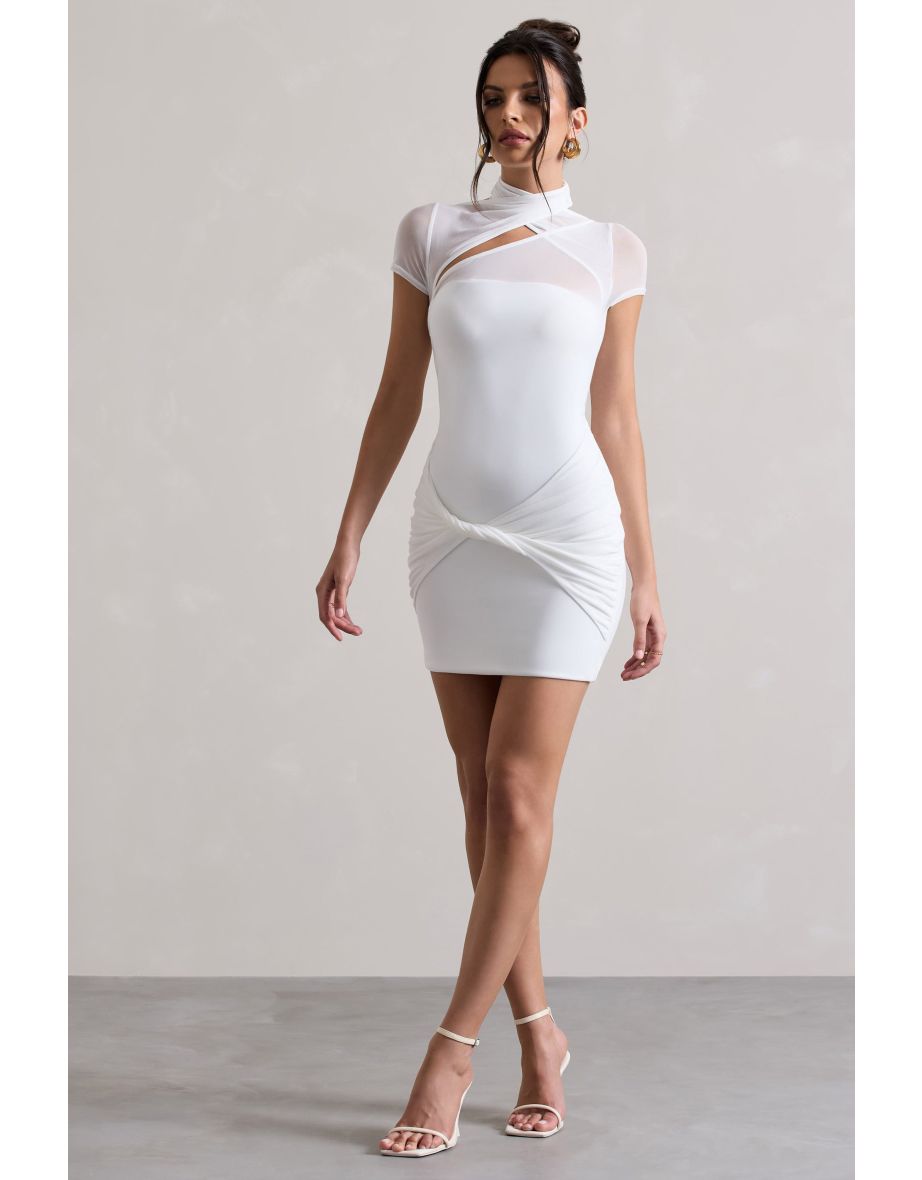 Mandi | White Mesh Halter-Neck Cut-Out Mini Dress - 4
