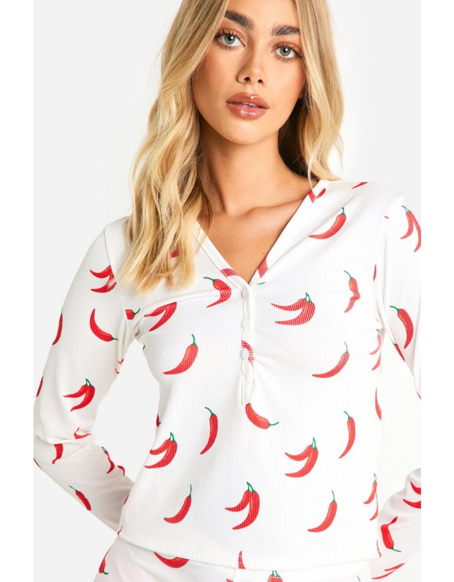 Chilli Print Ribbed Leggings Pyjama Set - white - 3