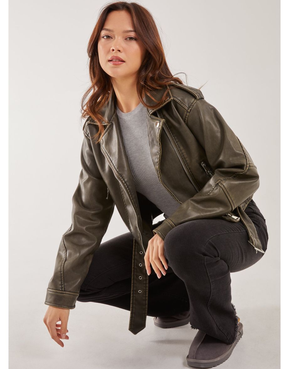 Stone Washed PU Biker Jacket