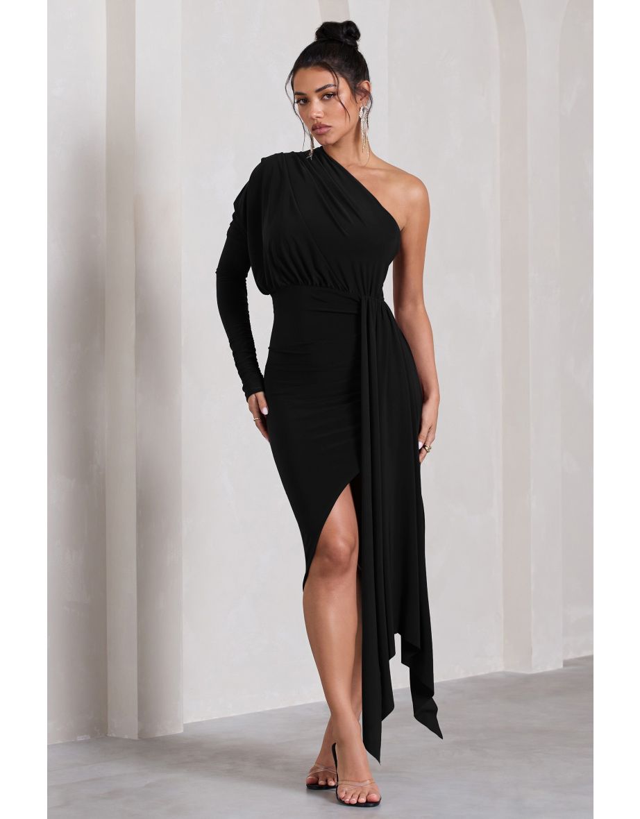 Catherine Black Asymmetric Midi Dress With Statement Drape