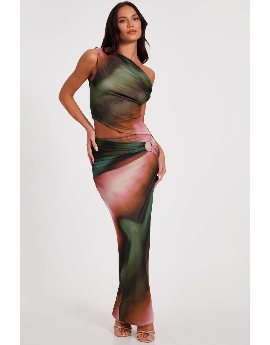 Green Mesh Ruched Maxi Skirt