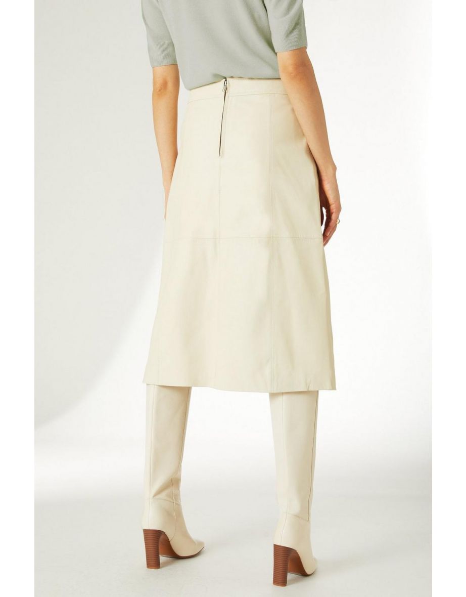Leather Aline Midi Popper Skirt - ivory - 3