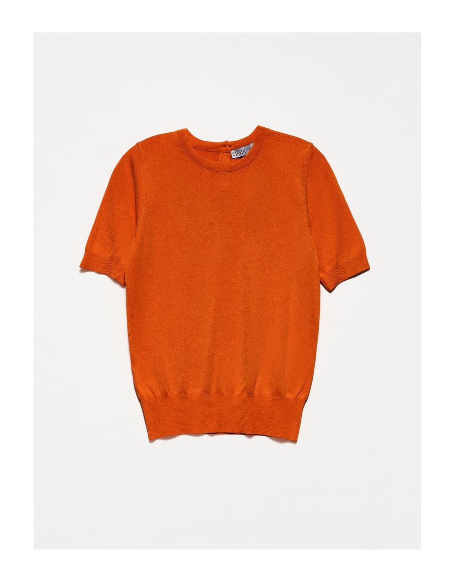 Crew Neck Short Sleeve Sweater With Buttons-Burnt Orange