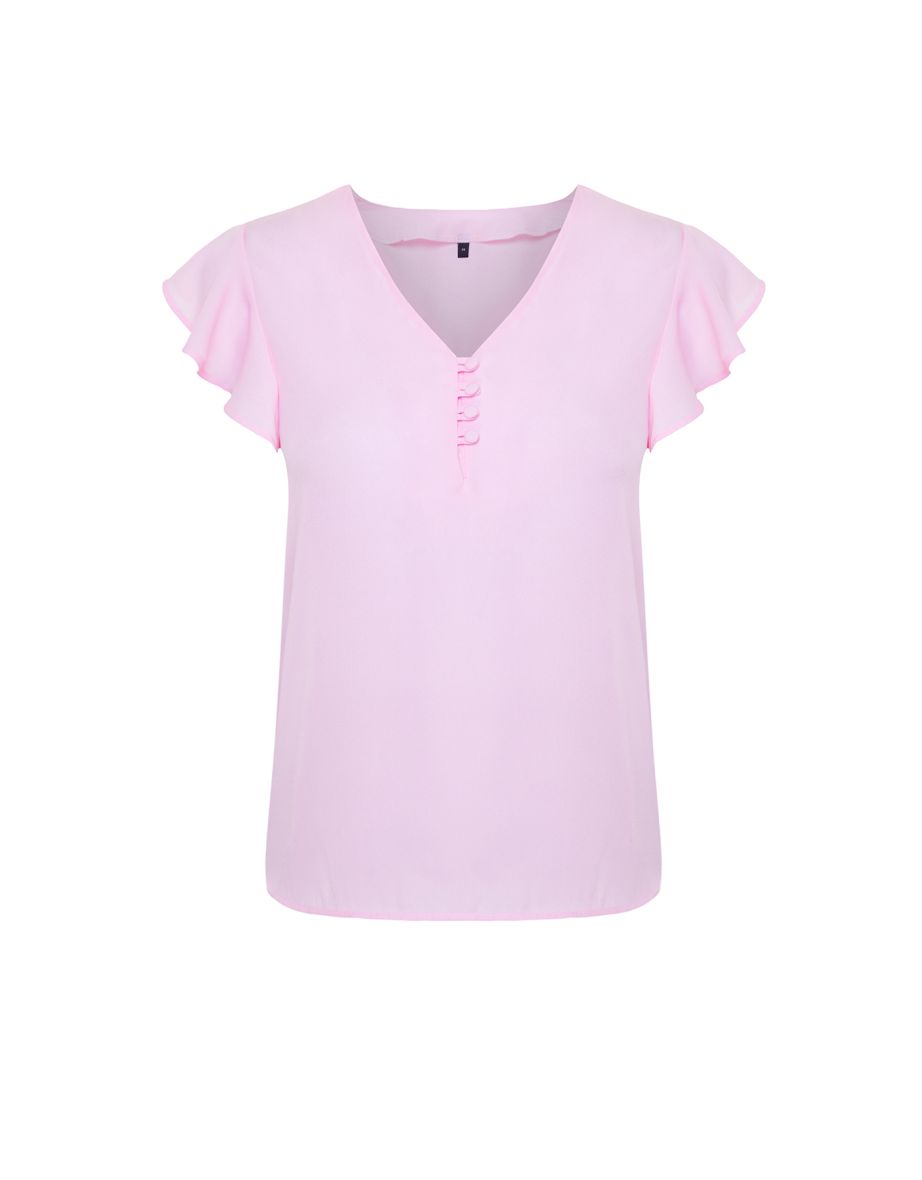 Pink Button Detailed Flowy Semi Sheer Blouse