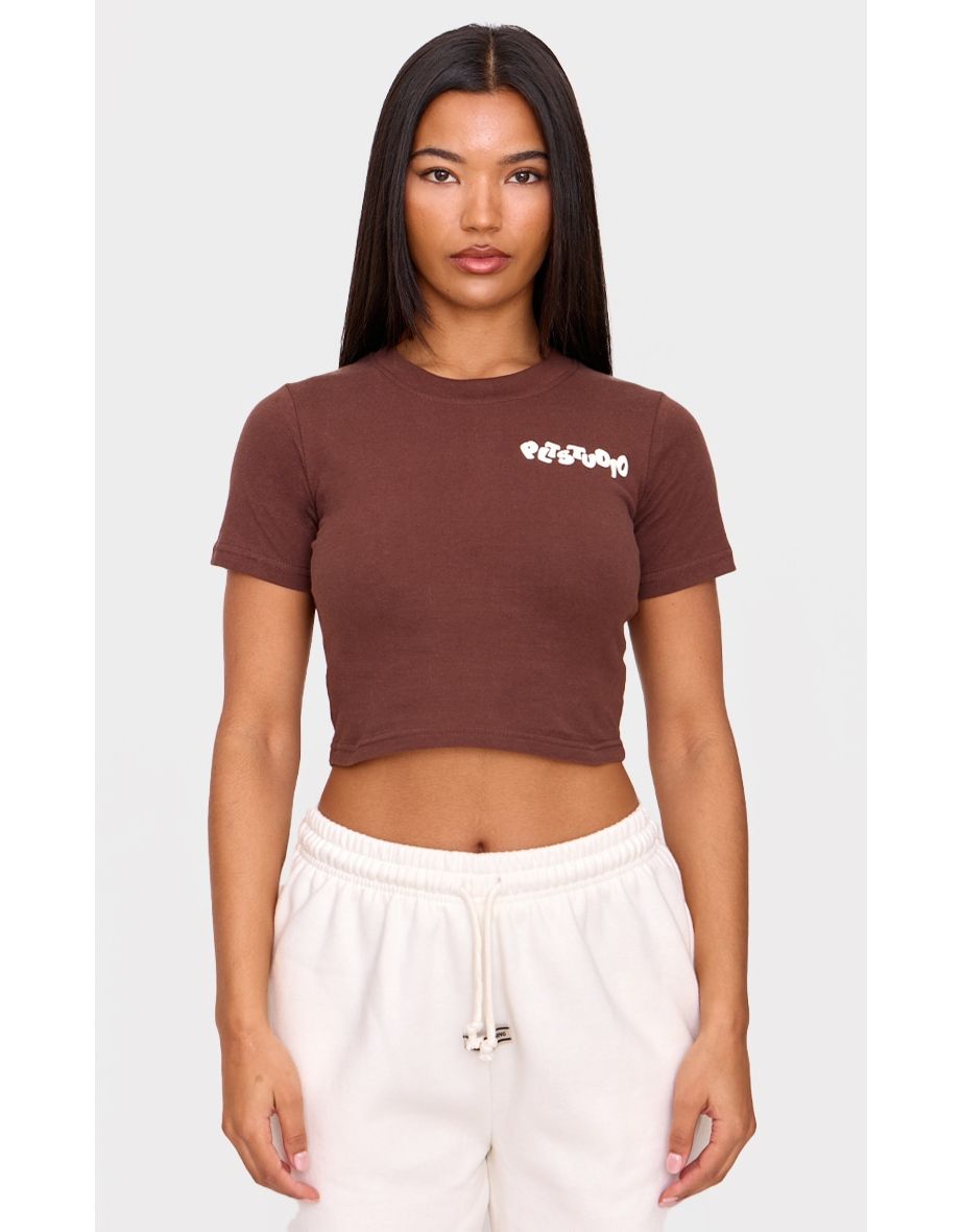 PRETTYLITTLETHING Chocolate Studio Cotton Puff Print Crop Top