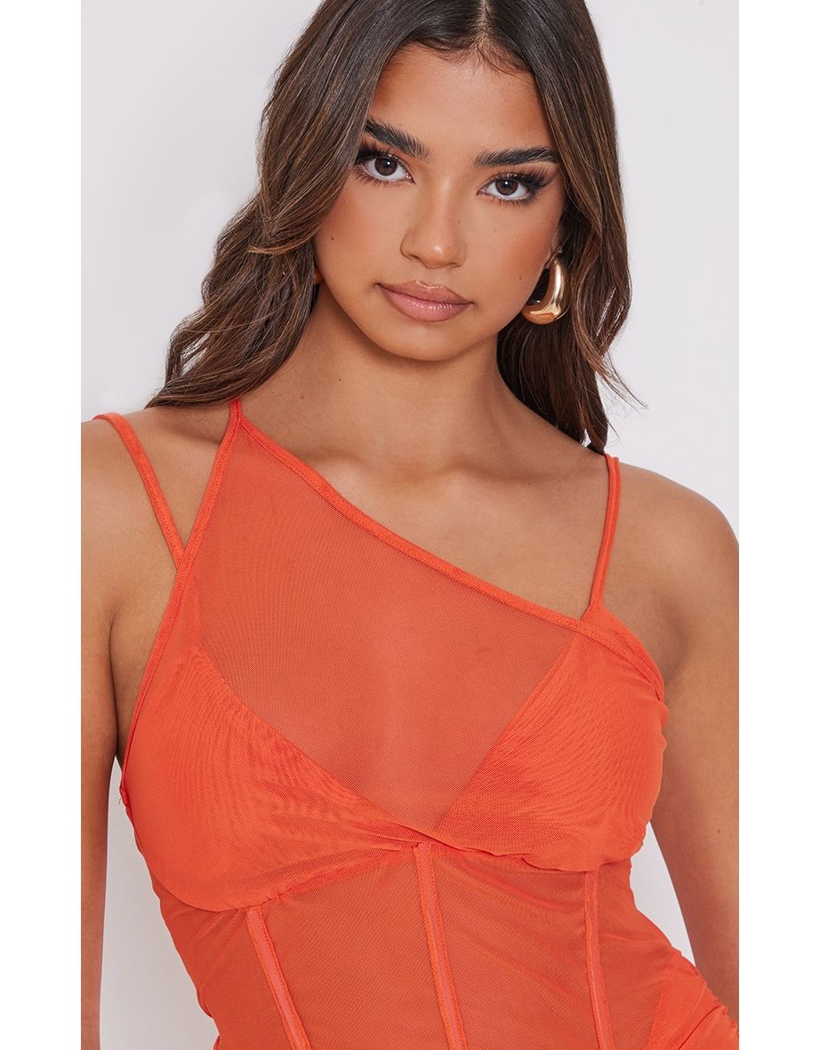 Orange Mesh Asymmetric Boning Corset Detail Bodycon Dress - 3