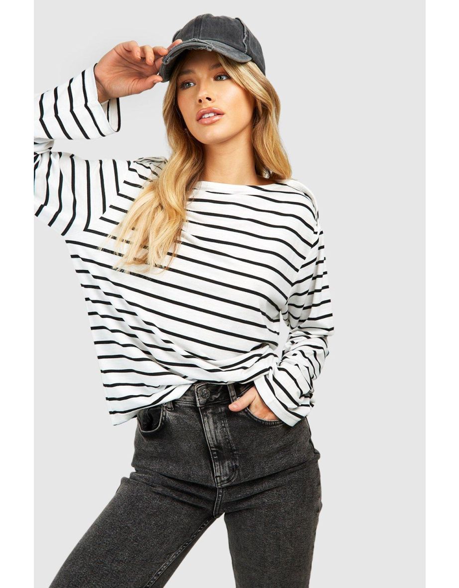 Wide Stripe Slash Neck Top - white