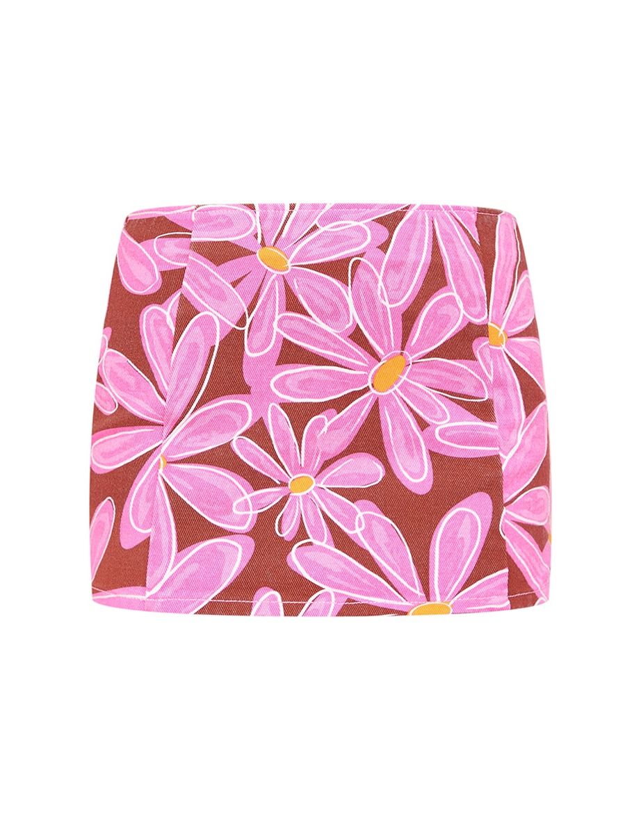 Pink Flower Print Micro Mini Denim Skirt - 5