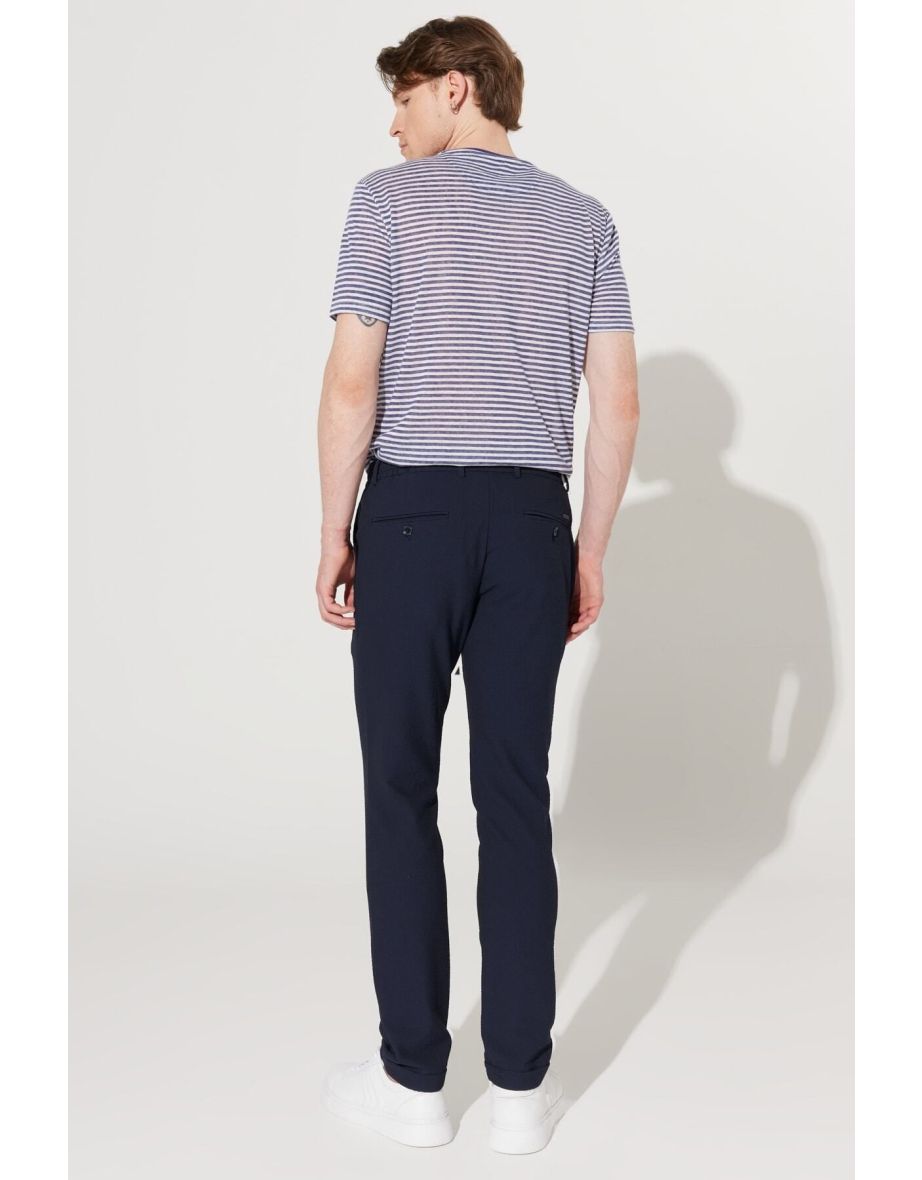 Men's Navy Blue Slim Fit Slim Fit Seersucker Patterned Flexible Tie Waist Trousers - 5