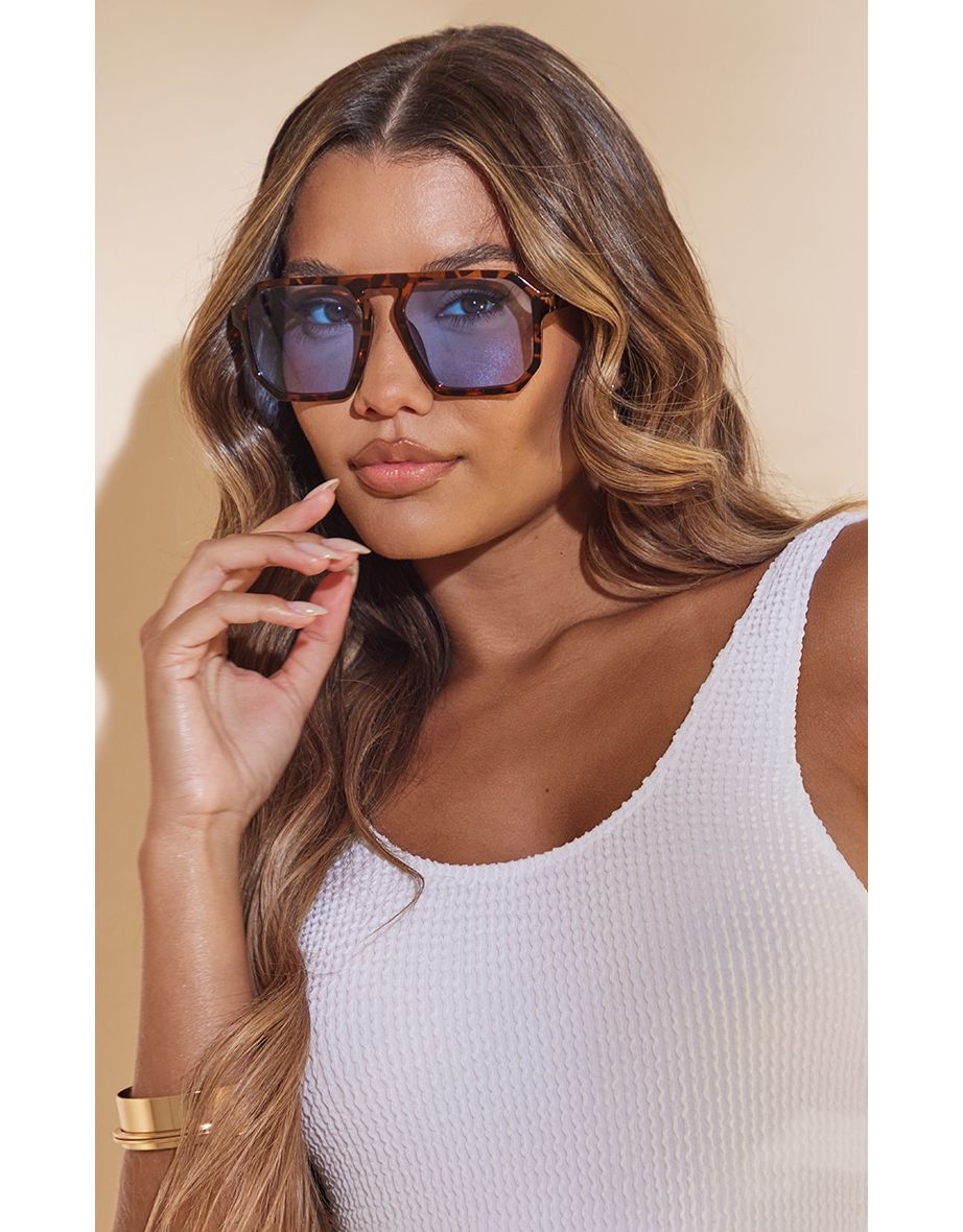 Tortoiseshell Blue Lens Cut Out Aviator Sunglasses