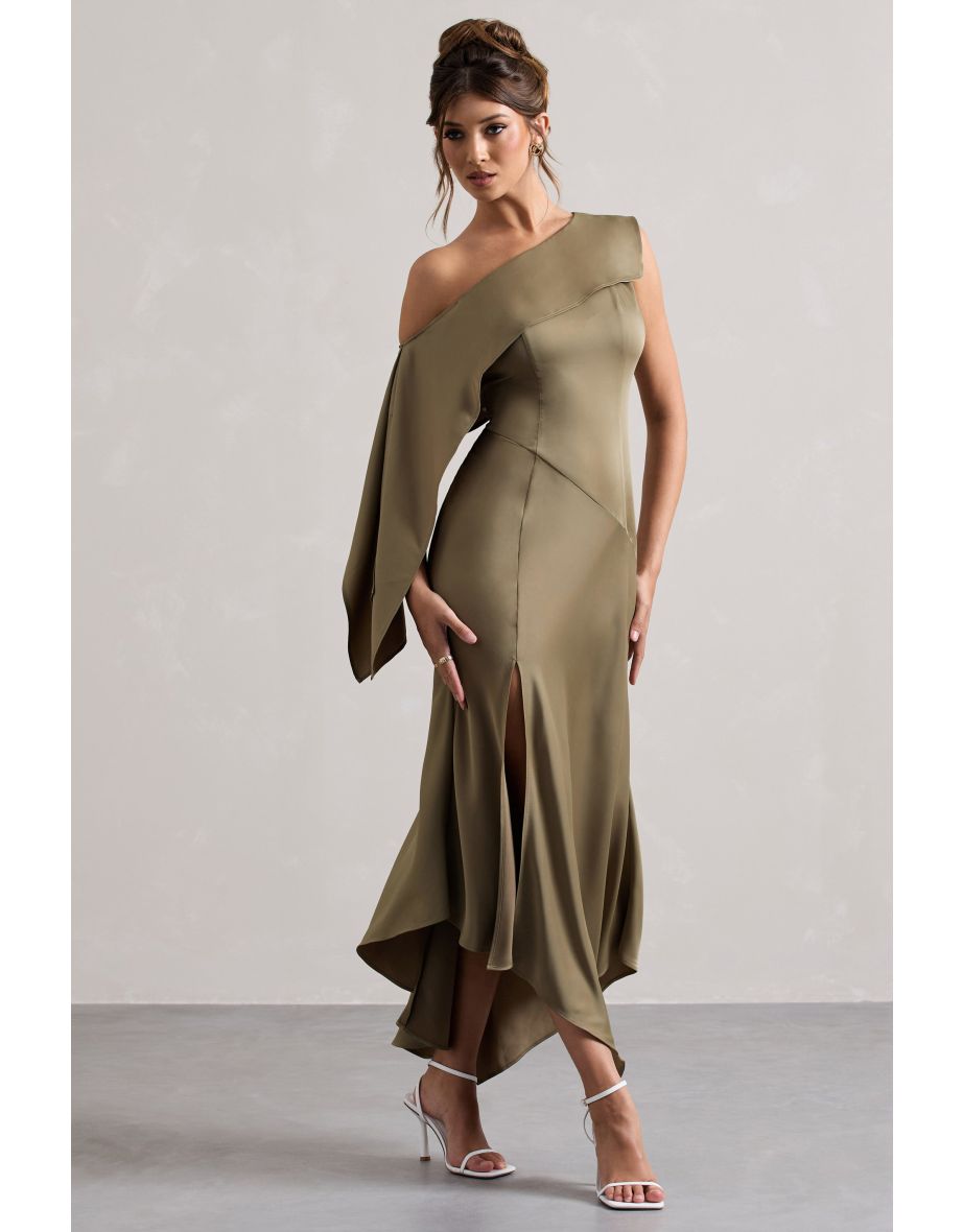 Freesia | Olive Satin Asymmetric Draped Split Maxi Dress - 4