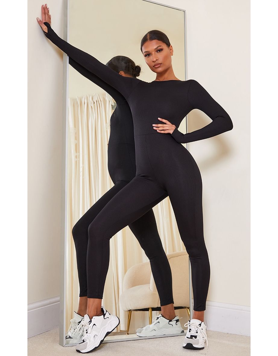 Black Rib Long Sleeve Thumb Hole Jumpsuit