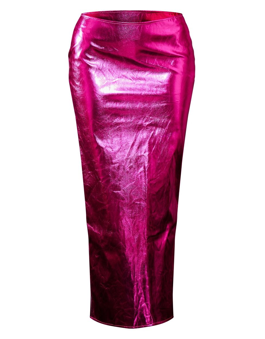 Hot Pink Metallic Faux Leather Split Back Maxi Skirt - 4