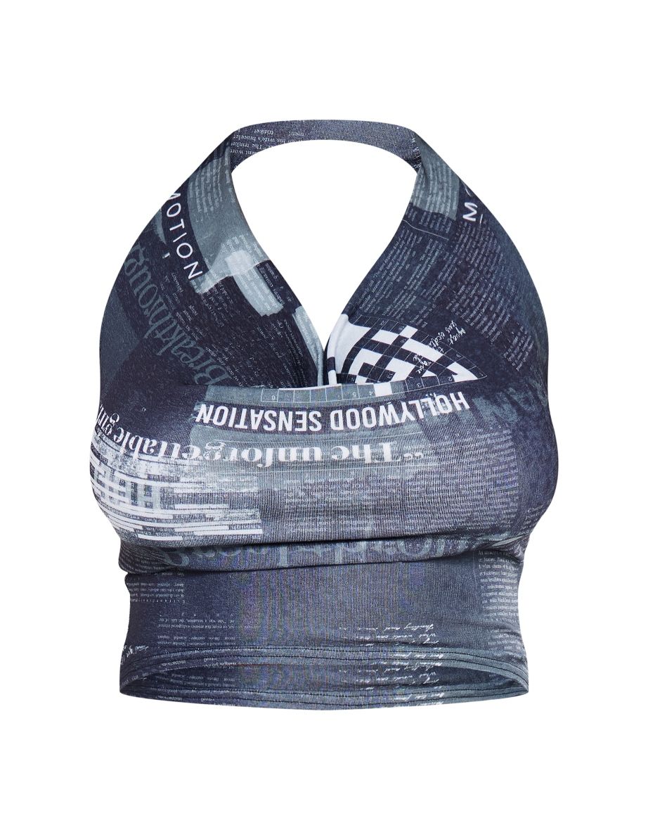 Shape Black Sheer Mesh Newspaper Printed Cowl Neck Top - 4