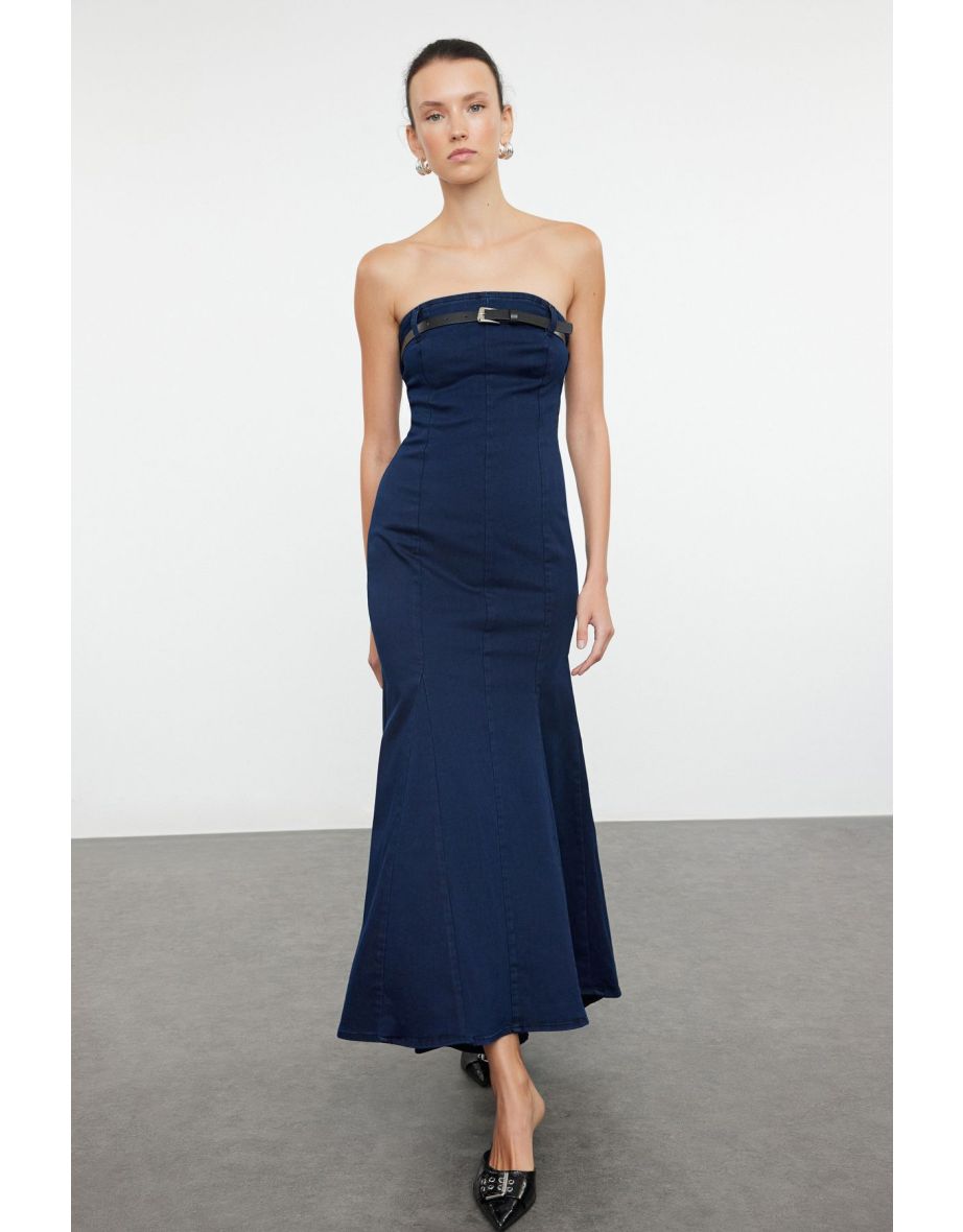 Dark Blue Strapless Belted Maxi Denim Dress