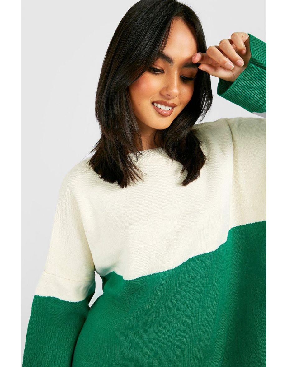 Spliced Crew Neck Knitted Jumper - green - 3