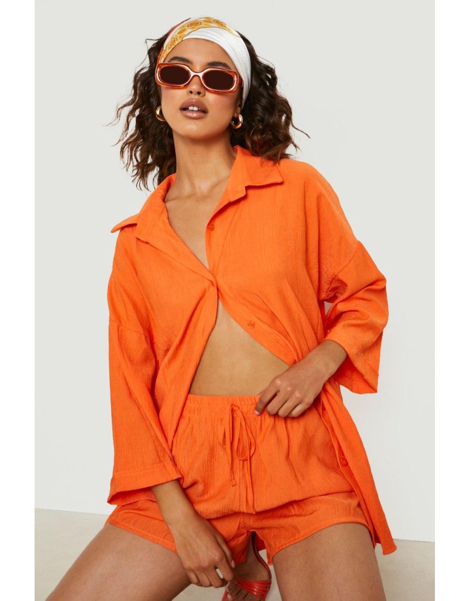 Textured Crinkle Oversized Shirt & Shorts Set - orange