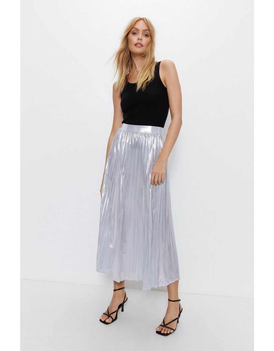 Metallic Lame Pleated Midi Skirt