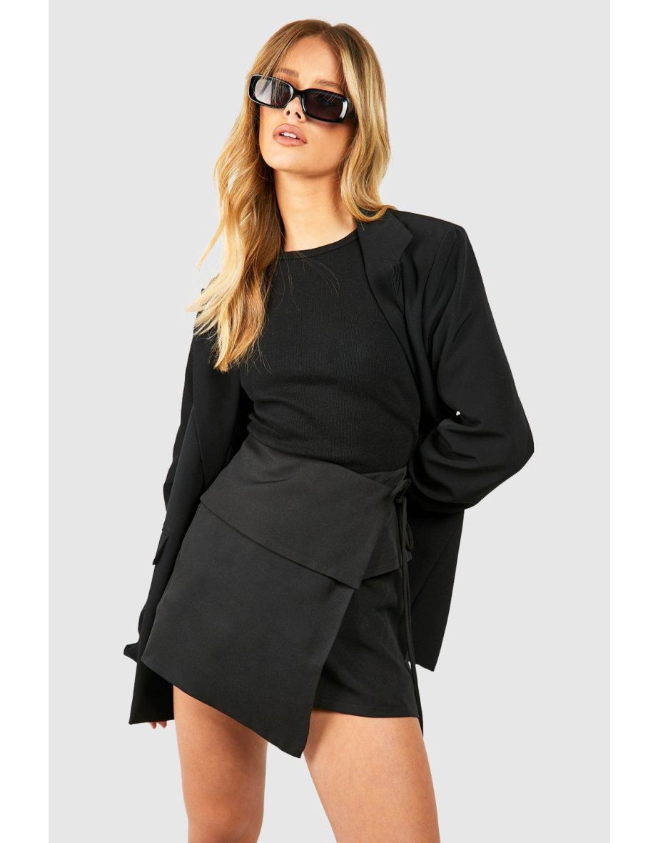 Folded Waist Wrap Tie Tailored Mini Skirt - black
