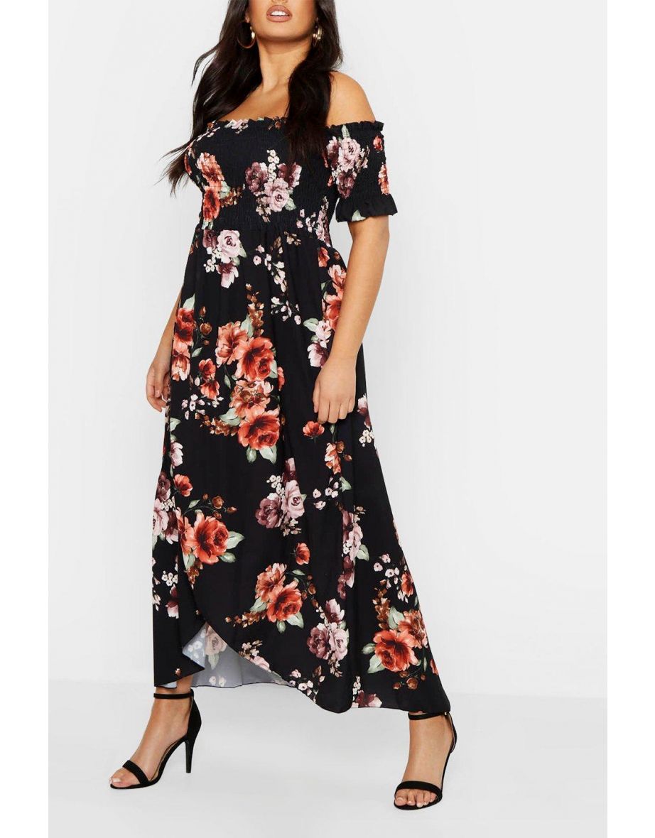 Plus Floral Off Shoulder Maxi Dress - black - 3