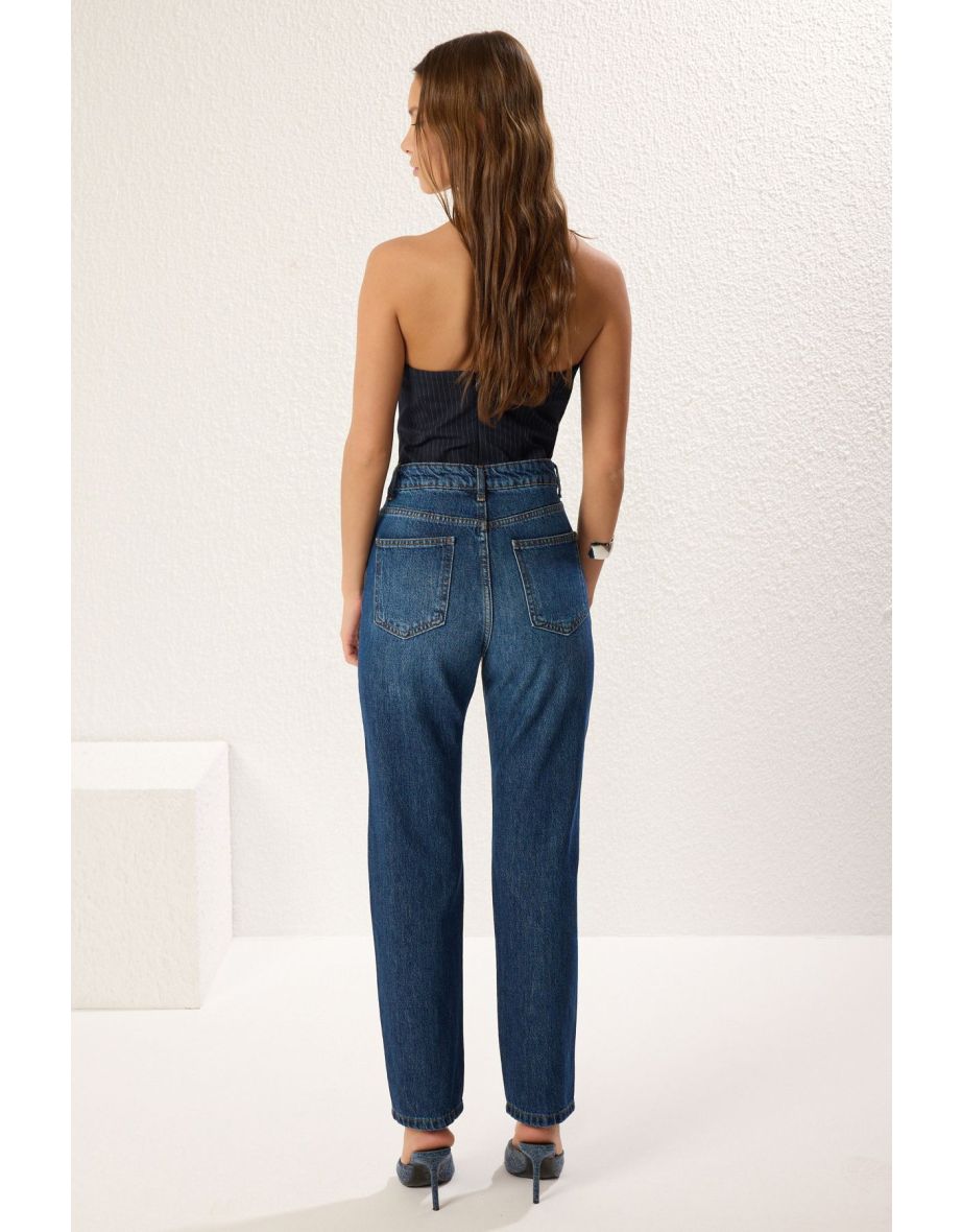 Dark Blue High Waist Straight Jeans - 4