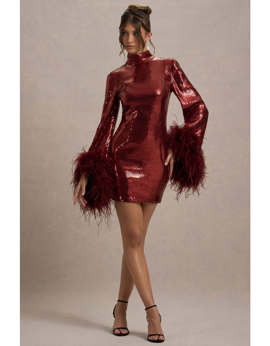 Cupid | Port Sequin High-Neck Mini Dress With Feather Cuffs