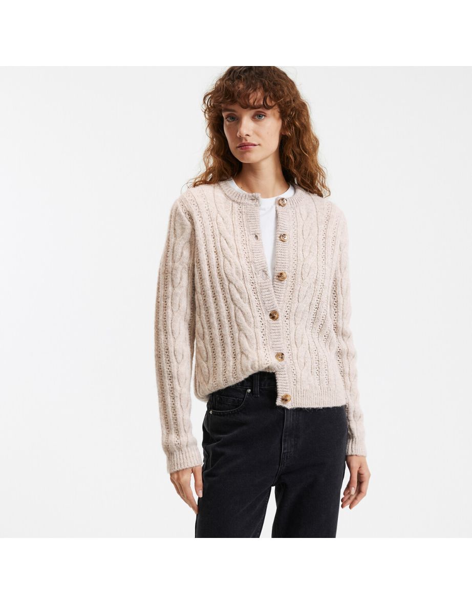 Chunky Knit Buttoned Cardigan with Crew Neck