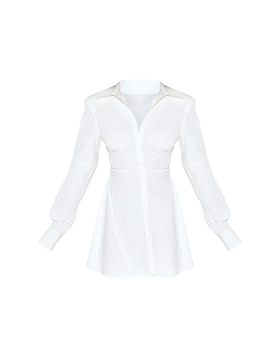 White Structured Ruched Detail Long Sleeve Shirt Dress - 4