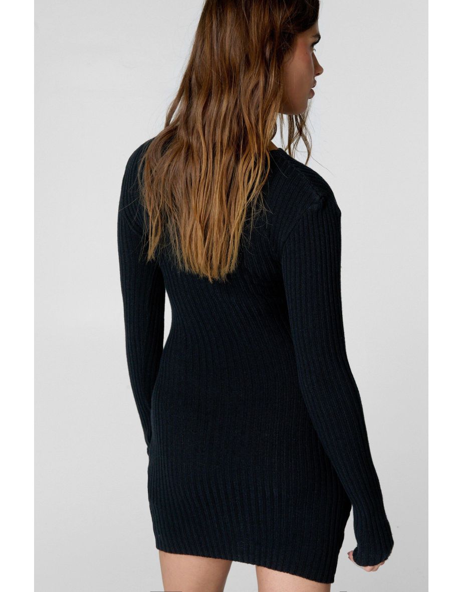 Long Sleeve Knitted Cut Out Mini Dress - 3