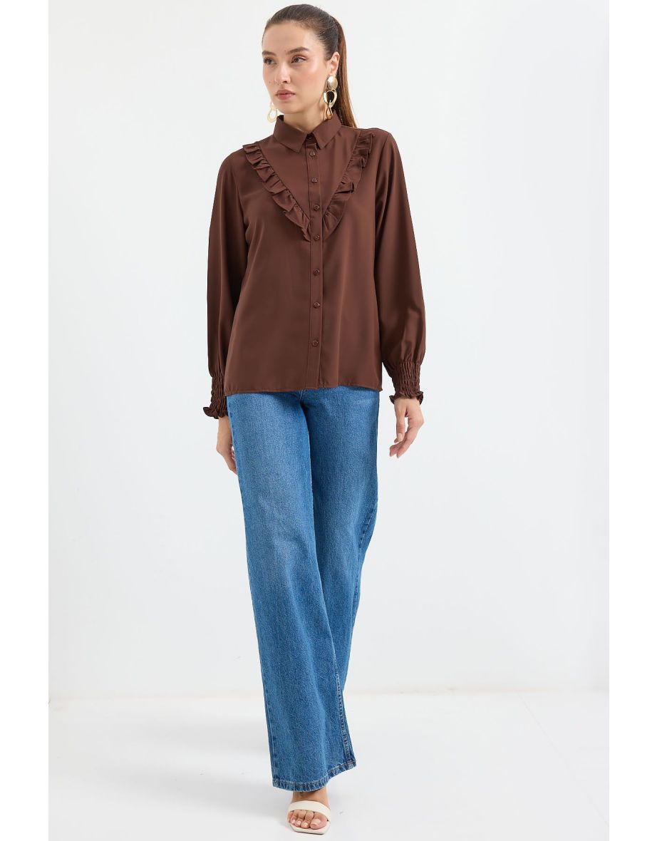 Frilled Long Sleeve Shirt - Brown