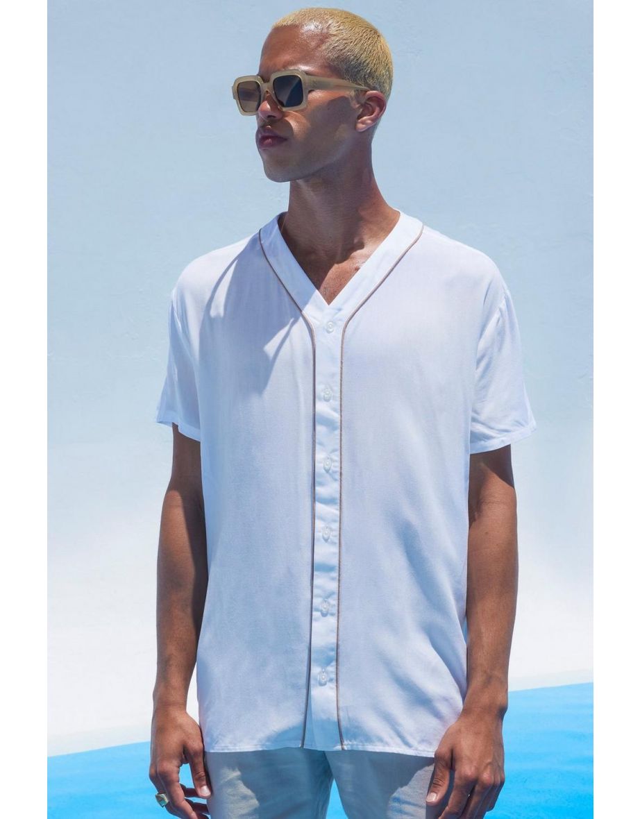 Oversized Collarless Baseball Piping Shirt - white